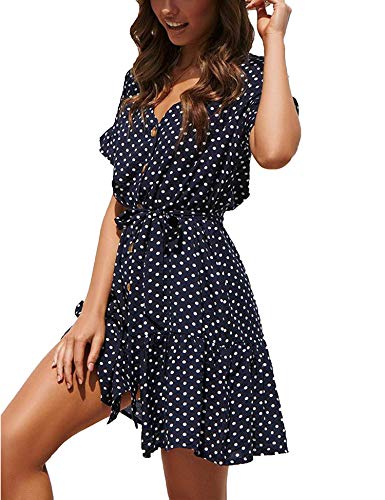 Womens Polka Dot V Neck Button Down Ruffles Casual Loose Swing Short Mini Beach Dress Navy M
