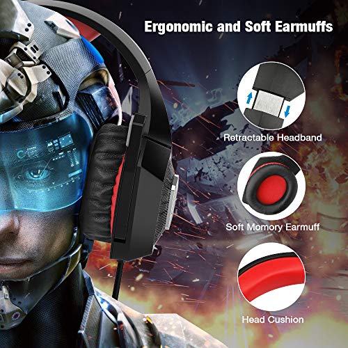 Gaming Headset for Xbox One, Y-Team Gaming Headphone with Noise Cancelling Microphone, Stereo Audio, Soft Earmuff, LED Light for Xbox One/PS4/PC/Mac/Laptop/Switch(Red)