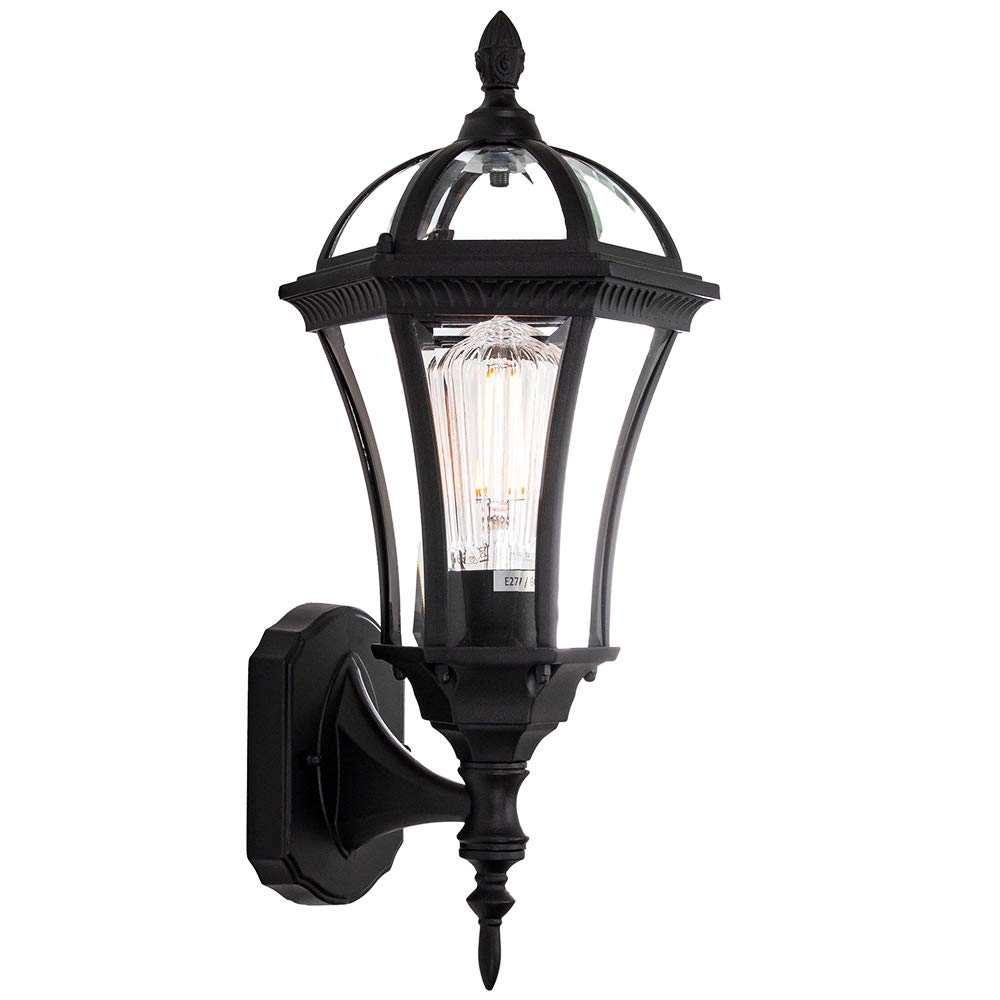 Happy Homewares Traditional Treated Cast Aluminium Matt Black Outdoor Lantern Wall Light Fitting with Bevelled Glass Panels - IP44 Rated - 60w Max Bulb