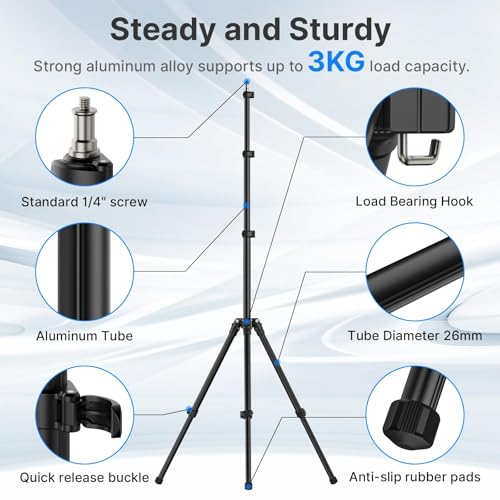 ULANZI Black Aluminum Light Stand, 6.32ft Extendable Tripod for Strobe Lights, Webcams, Cameras & Softboxes