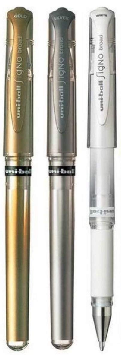 Uni Ball Assorted Colour Pack Signo Pen Broad Metallic Gel Ink Rollerball Metal 1mm Tip Nib 0.65mm Line Width With Rubber Grip UM-153 1 Of Each Colour - Gold Silver White - 3 Pens)