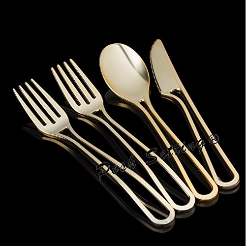 160 Piece Gold Plastic Cutlery Set, Gold Plastic Silverware Set, Heavy