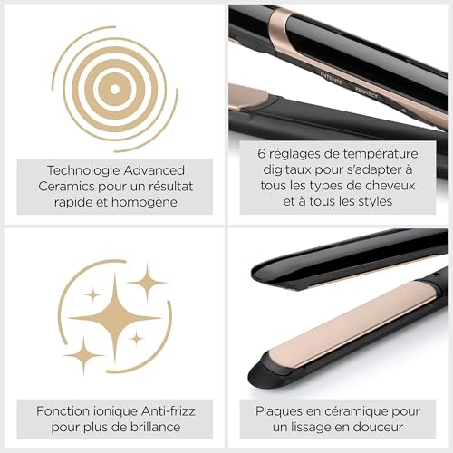 Lisseur Cheveux Super Smooth- Technologie ionique anti-frisottis, Tapis thermorésistant, Plaques en céramique pour un lissage parfait, Chauffe ultra-rapide, Températures de 140-235°C, ST393E