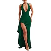 LAGSHIAN Women's Sexy Deep V Neck Halter High Split Backless Cocktail Party Formal Maxi Dress