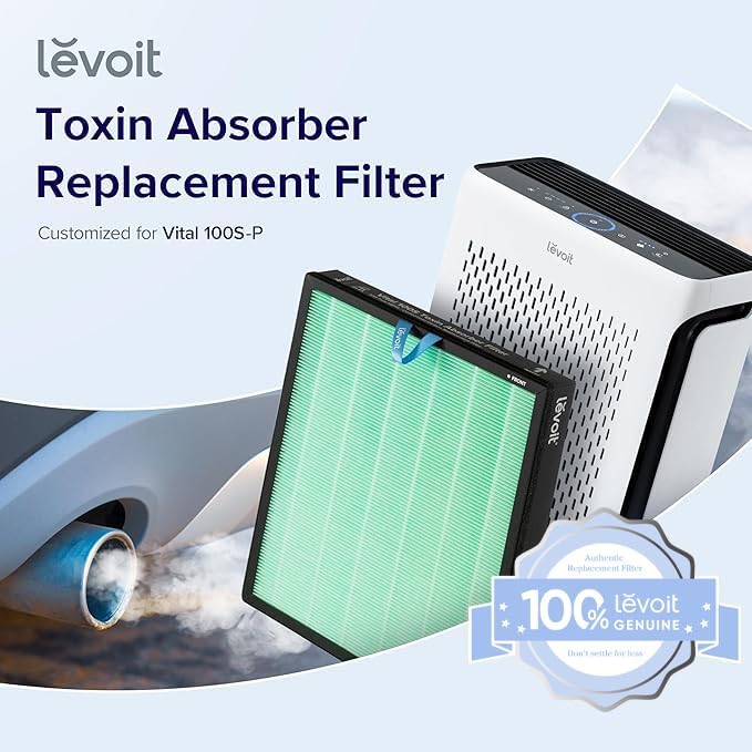LEVOIT Genuine Vital 100S-P Air Purifier Toxin Absorber Replacement Filter, Supports HEPA Sleep Mode, High-Efficiency Activated Carbon for Removal of Odor, Pollen, Vital 100S-RF-TX, Green, 1 Pack