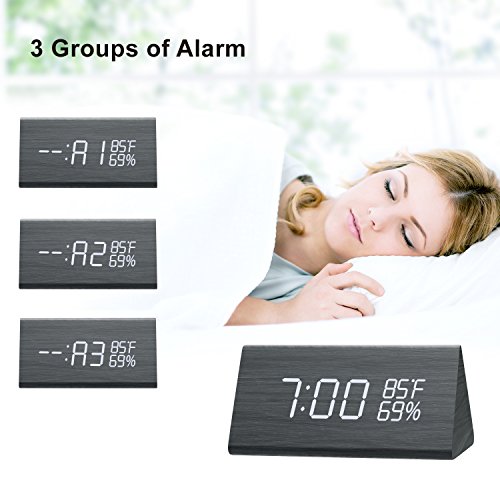 Digital Alarm Clock, Wooden LED Alarm Clock with Triple Alarms, 3 Levels Brightness Dimmer, Big Digit Display Date, Temperature and Humidity for Home Bedrooms