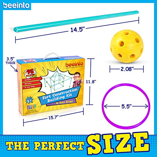 beeinto Kids Fort Construction Building Kit - 58 Poles, 32 Balls, 5 Toss Rings, Nylon Bag, Instructions - Outdoor STEM Toys for Boys, Indoor Play Tents Builder, Parent-Child Quality Time - Ages 5+