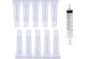 10pcs 10 ml Lip Gloss Tubes Containers,Soft Squeezable Cosmetic Tubes with Dispensing Syringes,Empty Lip Gloss Tubes Clear So