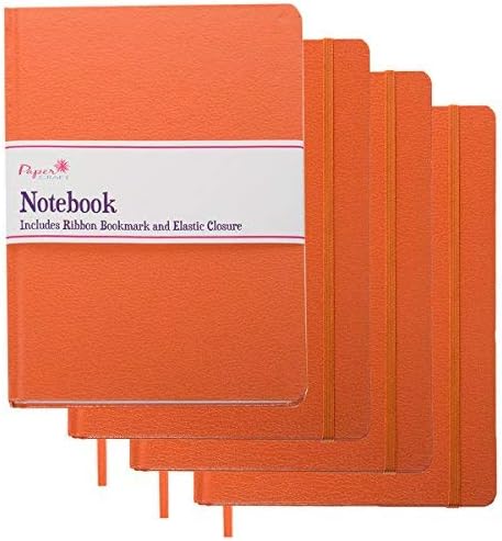 Paper Craft (4 Pack) 8.5 x 5.5 Leatherette Lined Writing Journals Wide Ruled Banded Notebook With Ribbon Bookmark, Orange, (a5 Size) Office Product