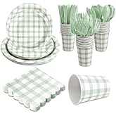 168Pcs Gingham Party Supplies for 24 Guests Thick Paper Plates and Napkins Knives Spoons Forks Cups Disposable Party Set Cutlery for Dinner Baby Shower Wedding Favor(Sage Green)