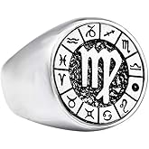 OAKKY Unisex Stainless Steel Simple 12 Constellation Zodiac Signet Ring Horoscope Astrology