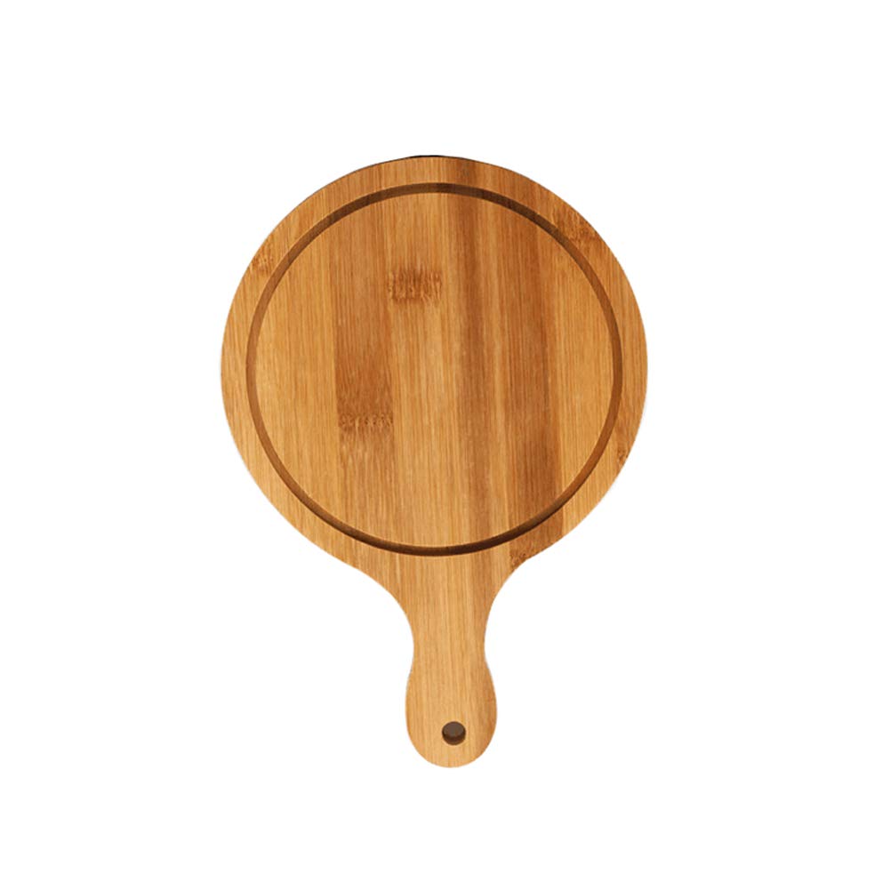 Photo 1 of 1 PCS 8 Inch Outside Diameter Round Natural Bamboo Wooden Pizza Tray with Handle Homemade Pizza Bread Tray Cutting Board Chopping Household Use Wash Wood Tray