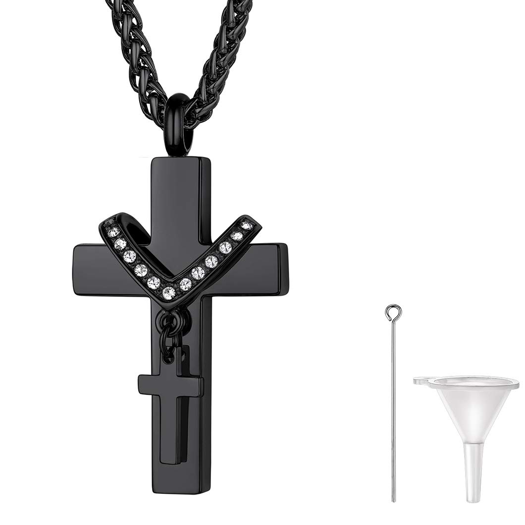 Richsteel Double Cross Cremation Urn Necklace, Overlapped Crucifix Pendant & Wheat Chain(22"+2"), Can Put Ashes(With Tools), Black Plated Memory Christian Jewelry Cremains Necklace โ image 1