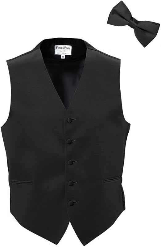 Black Satin Tuxedo Vest and Bow Tie at Amazon Men’s Clothing store
