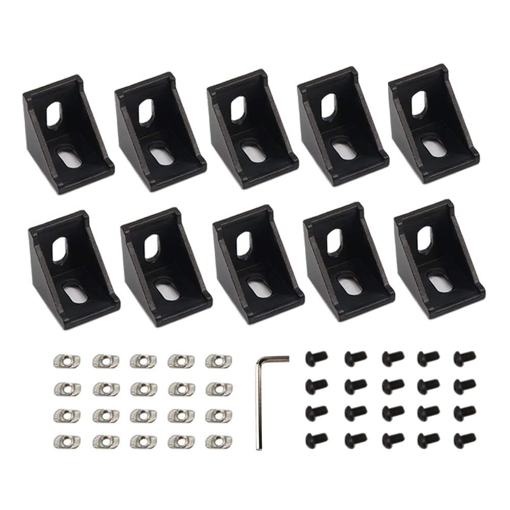Zeberoxyz 10PCS 3030 Corner Bracket Black Right Angle with M6 Screws 3030Series 2 Hole Aluminum Brackets for Slot 8mm Aluminum Extrusion Profile Accessories (3030 Series Black with Nut)