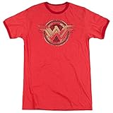 Batman V Superman Wonder Woman Shield Mens Adult Heather Ringer Shirt Red (X-Large)