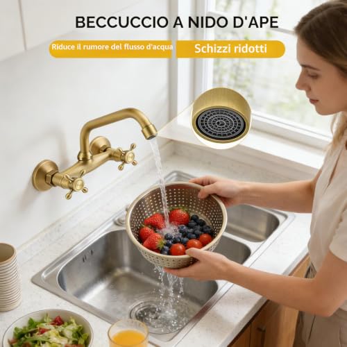 Antique Brass Wall Kitchen Tap, 360° Rotation Sink Mixer, Bathroom Sink Tap with Cross Knobs and Swivel Spout, Wall Kitchen Tap for Bathroom, Kitchen, Laundry