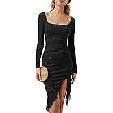 DERAX Womens Sexy Long Sleeve Bodycon Midi Dress Square Neck Ruffle Hem Ruched 2026 Spring Dresses