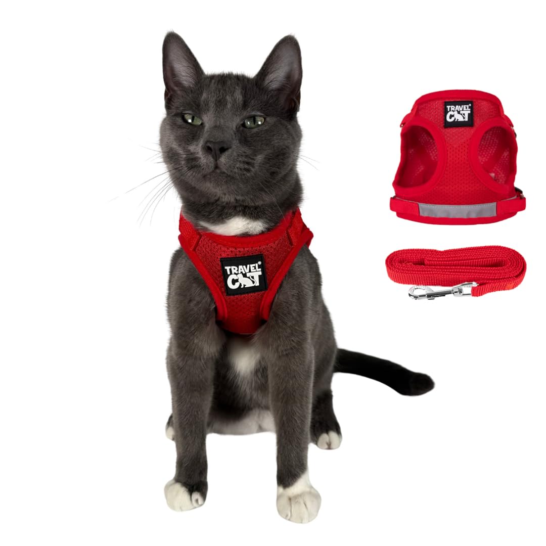 Travel Cat Harness and Leash Set - Adjustable Fit Mesh Cat Harness and Reflective Strap - Comfort Walking Vest for Kitten for Outdoor Walking, Hiking (Extra Small, Red)