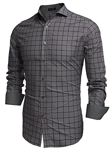 Coofandy Men's Fashion Long Sleeve Plaid Button Down Casual Shirts (XXX-Large, Gray)