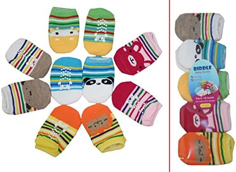Riddle's 10 Pairs Cute Baby Toddler Unisex Crew Boat Anti-Slip Socks for 6-18 mo