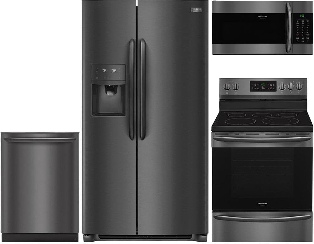 Frigidaire Gallery 4-Piece Black Stainless Kitchen Package FGSC2335TD 36" Side-by-Side Refrigerator, FGEF3036TD 30" Freestanding Electric Range, FGID2466QD 24" Fully Integrated Dishwasher and FGMV176N