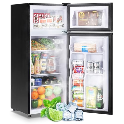 DEMULLER 4.5 CU.FT Capacity Compact Refrigerator with Freezer Double Door Mini Fridge Small Apartment Refrigerator with 7 Adjustable Temp Control & 3 Glass Shelves for Kitchen Office Dorm Black