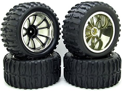 4x RC 1/10 Car Monster Truck Type Tires with 5 Spokes Wheel Rim Electroplatd Black RC Parts