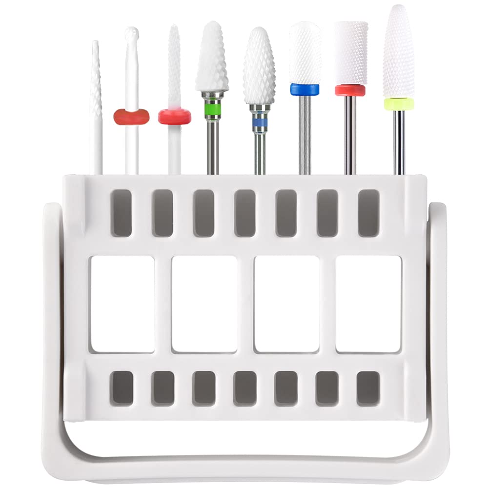 KADS 8 Pcs Ceramic Nail Drill Bits Set and 16 Holes Nail Drill Bits Holder Display Milling Cutters for Electric Manicure Drill Machine