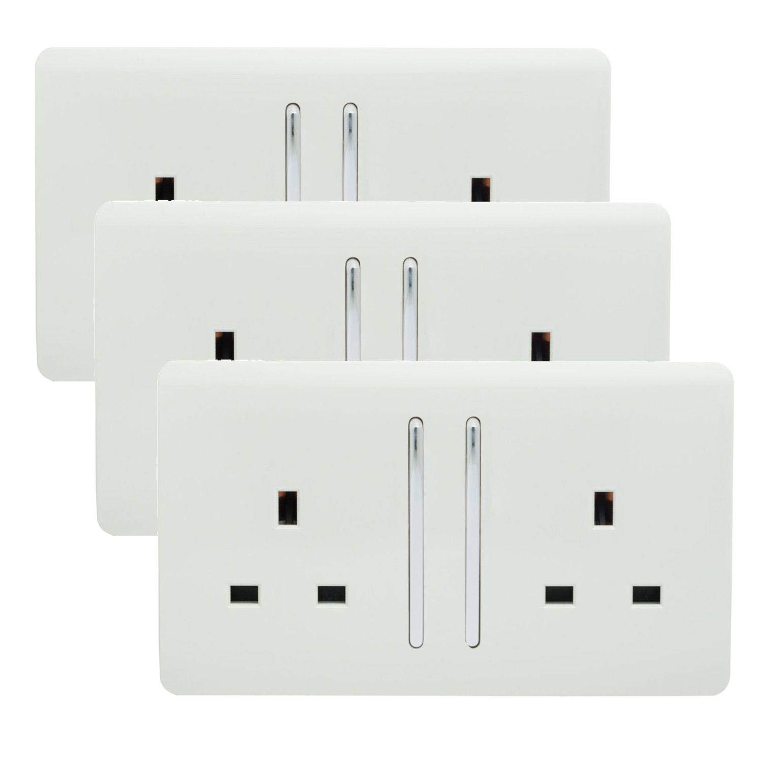 Trendi 2 Gang Artistic Modern Glossy 13 Amp Switched Tactile Plug Socket White (3 Pack)