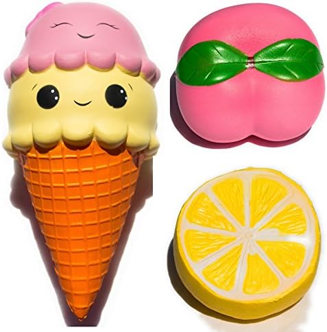 HAPPYSQUISH 3PCS JUMBO SQUISHIES ONLY: Slow Rising Scented Squishes, Stress Reliever Squeeze Toy For Kids And Adults, Massive Ice-Cream, Lemon, Peach, Soft And Kawaii, Bonus Free Key Ring Squishie!