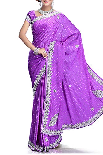 VinHem Fashion Exclusive Indian Ethnic Wear Designer Purple Chiffon Saree with Stone Work, Pearl Work