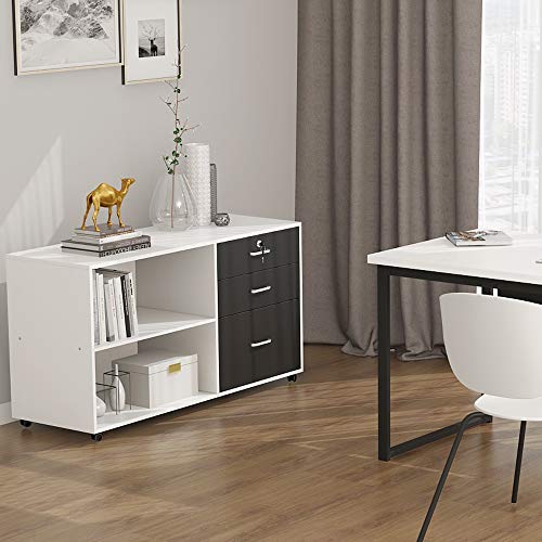 Tribesigns 3 Drawer Wood File Cabinets with Lock, Large Modern Lateral Mobile Filing Cabinets Printer Stand with Wheels, Open Storage Shelves for Home (White with Lock) - Thumbnail 3