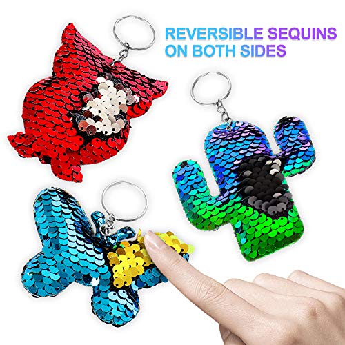 Balhvit Two Sides Flip Sequin Keychain for Kids, Colorful Lovely Girls Party Favors Cat Dolphin Clover etc, Durable Party Favors for Kids Girls Adults Decoration Prize Gifts, 16 Designs