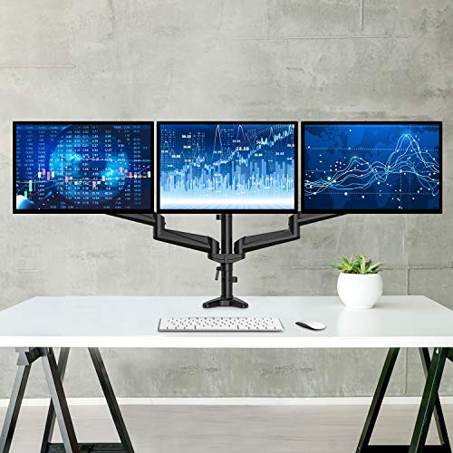 Triple Monitor Stand - Full Motion Articulating Aluminum Gas Spring Monitor Mount Fit Three 17 to 32 inch Flat/Curved LCD Computer Screens with Clamp, Grommet Kit, Black