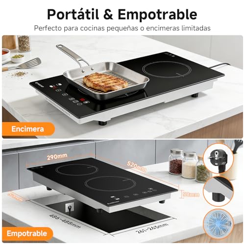 AMZCHEF Induction hob 2 burners with continuous heating, 10 power levels and boost, safety lock and timer, overheat protection, recessed / portable, 3700W