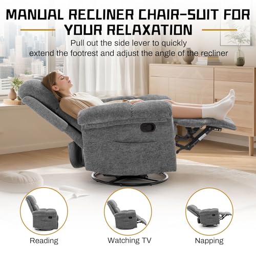 Korser Recliner Chair, Swivel Rocker Recliner Chair for Adults, Small Recliners for Small Spaces, Upholstered Manual Recliner with Side Pockets, Nursery Rocking Chair for Living Room, Chenille, Grey