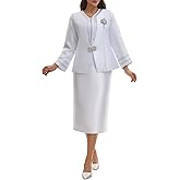 Women's Formal 3 Piece Church Suit Set with Rhinestone Trim Collar Elegant Dress Set for Mother of The Bride Wedding Guest