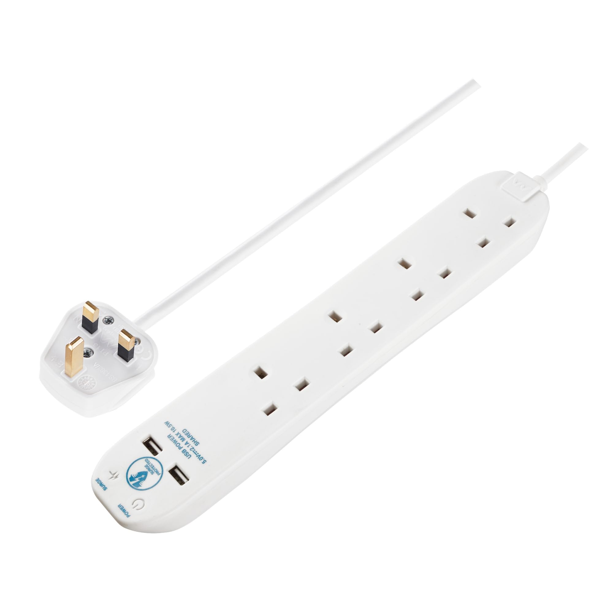 Masterplug Four Socket Surge Protected Extension Lead with Two USB Charging Ports, 2 Metres, 31.5 x 5.5 x 3 cm, White, SRGU4210N-MP