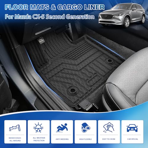 FIILINES for Mazda CX-5 Floor Mats 2017-2025, All Weather TPE Floor Liners and Trunk Mat for Mazda CX5 Accessories Black