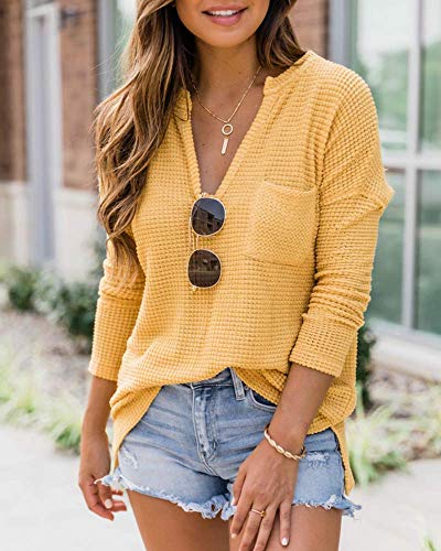 EFAN Women\'s Waffle Knit Fall Oversized Sweater V Neck Pullover Long Sleeve Loose Warm Shirt Tops with Pockets Yellow