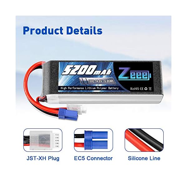 Zeee 4S Lipo Akku 14,8V 100C 5200mAh RC Batterie mit EC5 Stecker für RC Car RC Truck RC Auto Boot LKW Truggy RC Hobby (2… – Bild 6