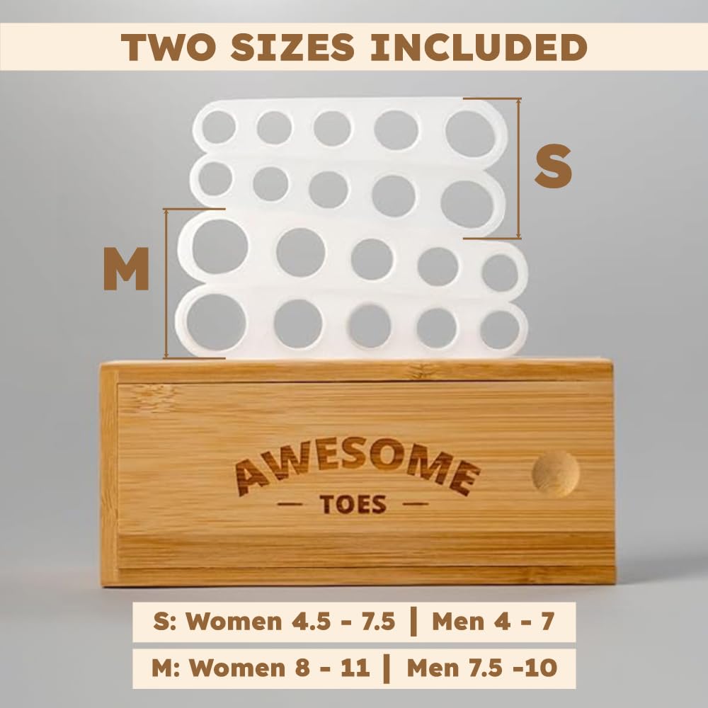 Awesome Toes Spacers & Separators, Fast Pain Relief from Hammertoe & Bunions, Two Pairs in Stylish Wooden Box, Latex-Free Rubber Toe Stretchers Used for Walking, Running & Yoga Practice