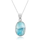 CRYSTALIS Natural Sea Larimar Pectolite Gemstone Cabochon Pendant Necklace, High Grade Crystal in Bezel, Chakra Healing Stone, Women Gift Jewelry, Dainty 925 Sterling Silver Chain 18 inch