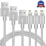 Aonlink iPhone Charger Cable, 3Pack 3FT 6FT 10FT Nylon Braided Lightning to USB Cord with Aluminum Connector for iPhone 7/7 Plus/6s/6s Plus/6/6Plus/5s/5c/5, iPad/iPod Models-Gray