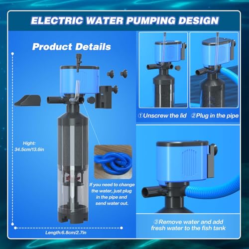 SUSOO Large 5-in-1 25W Aquarium Filter with 1800L/H Flow, Ultra Quiet Internal Hang Filter Pump with Oxygenation, Wave Making, Electric Water Change Function for Large Fish Tank & Turtle Accessories