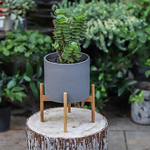 NCYP Gray Cement Planter Pot Bamboo Stand Set Modern Indoor Round Concrete Container Holder Flower Plants Cactus Succulents Areca Palm Fiddle-Leaf Fig