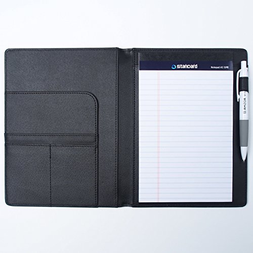 AHZOA 4 Pockets A5 Size Memo Padfolio S5 with Mechanical Pencil , Including 5 X 8 Inch Legal Writing Pad, Synthetic Leather Handmade 6.61 X 8.66 Inch Notepad Clipboard Holder (black)