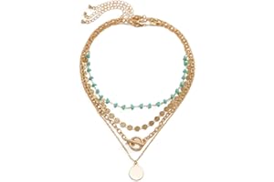 Inactwin Gold Layered Necklaces for Women Boho Turquoise Stack Necklace Long Y Shape Western Necklaces Bohemian Coin Pendant Necklace For Country Concert Beach Jewelry Gift