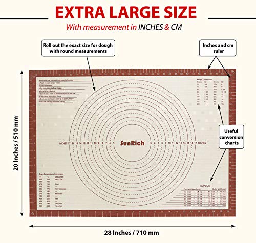Silicone Baking Mat Pastry Board Extra Large 28''x20''- Non Stick Silicon Dough Rolling Mat Non Slip Kneading Counter liner With Measurements - Fondant/Pie Crust/Pizza/Bread/Cookie Mat by SUNRICH